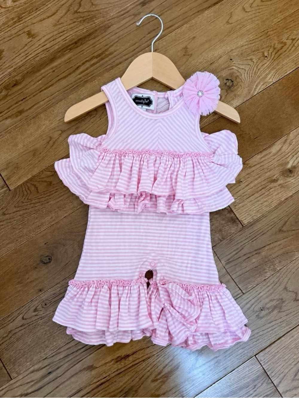 Mud Pie Baby Girl Pink Striped Ruffle Romper 0-3 Months